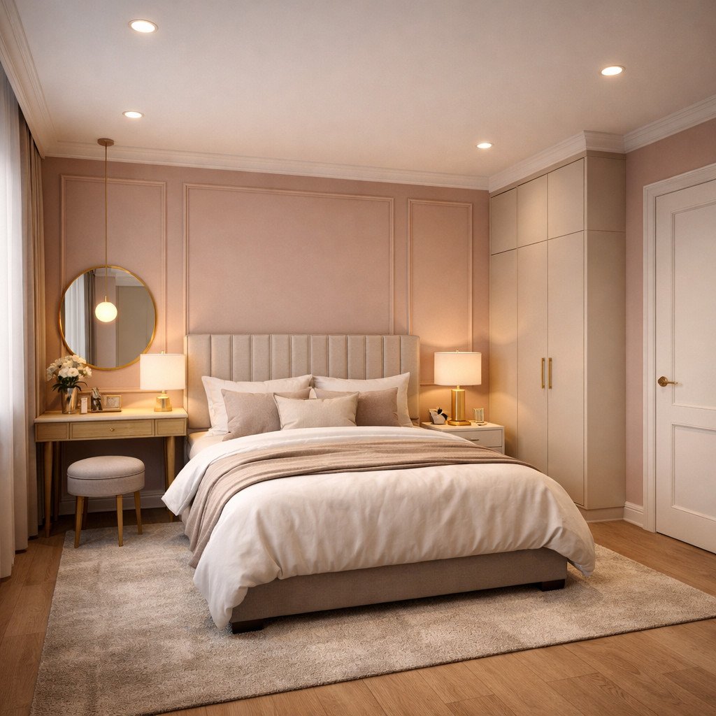 desain kamar pink elegan dengan sentuhan gold yang lembut dan mewah