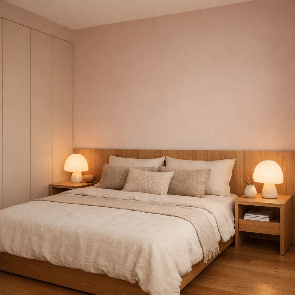 desain kamar pink elegan japandi yang tenang dan estetik dewasa