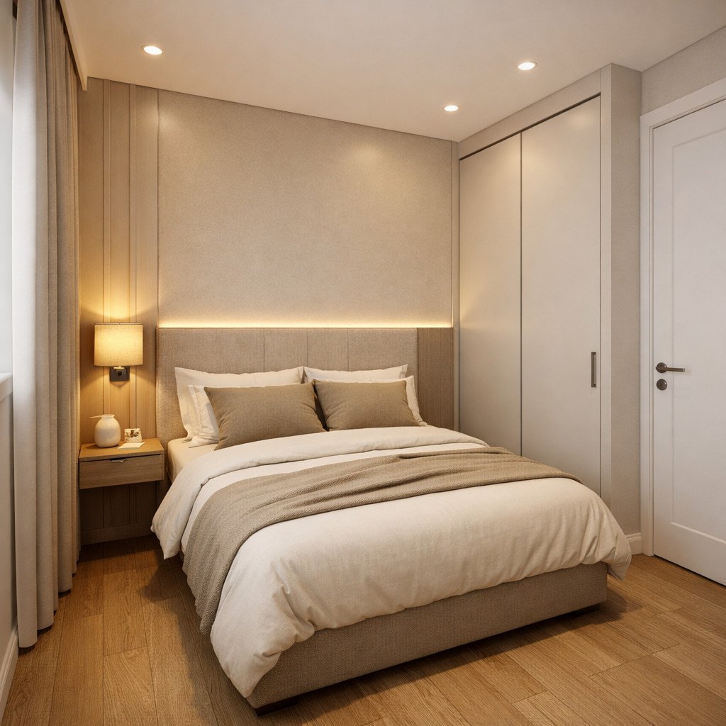 desain kamar tidur 3x3 dengan lemari gaya quiet luxury elegan