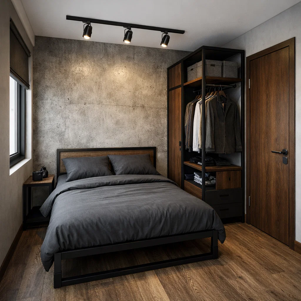 desain kamar tidur 3x3 dengan lemari industrial yang tegas dan compact