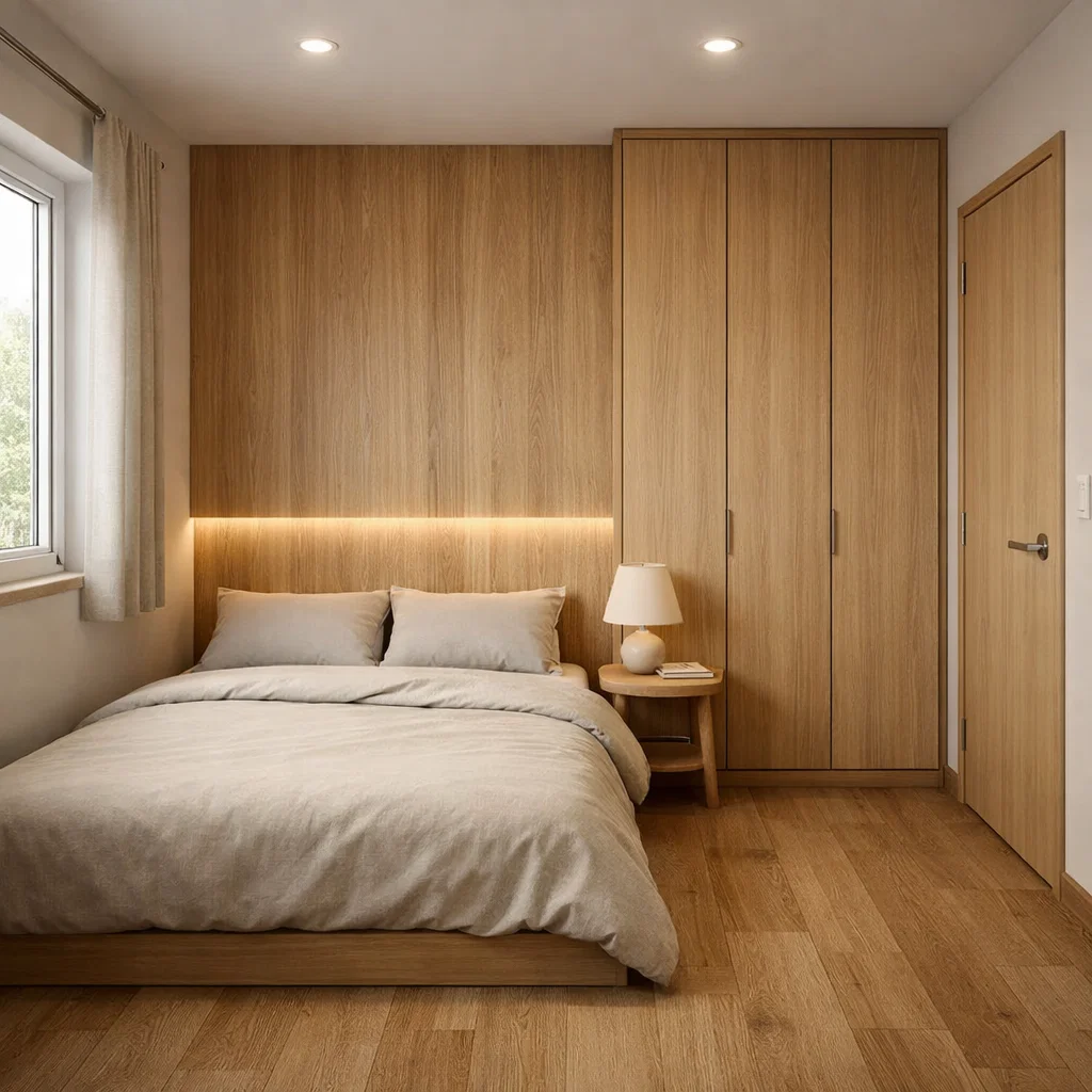 desain kamar tidur 3x3 dengan lemari japandi yang tenang dan hangat