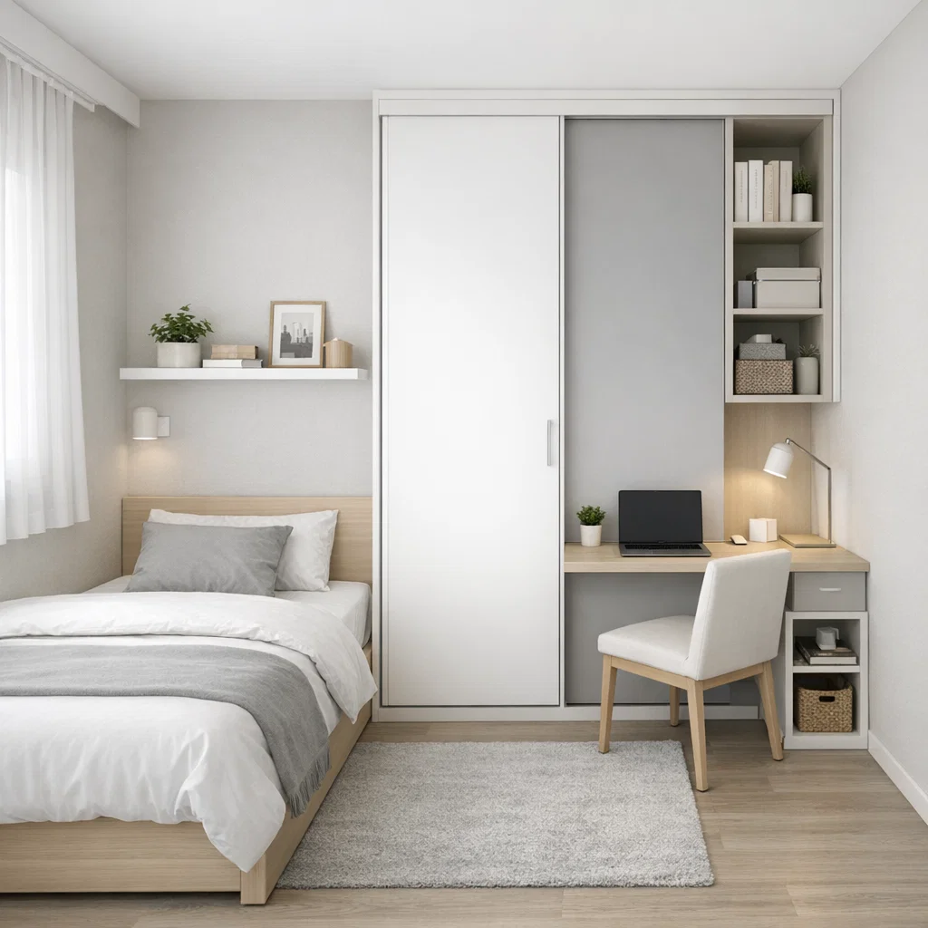 desain kamar tidur 3x3 dengan lemari minimalis yang rapi dan fungsional