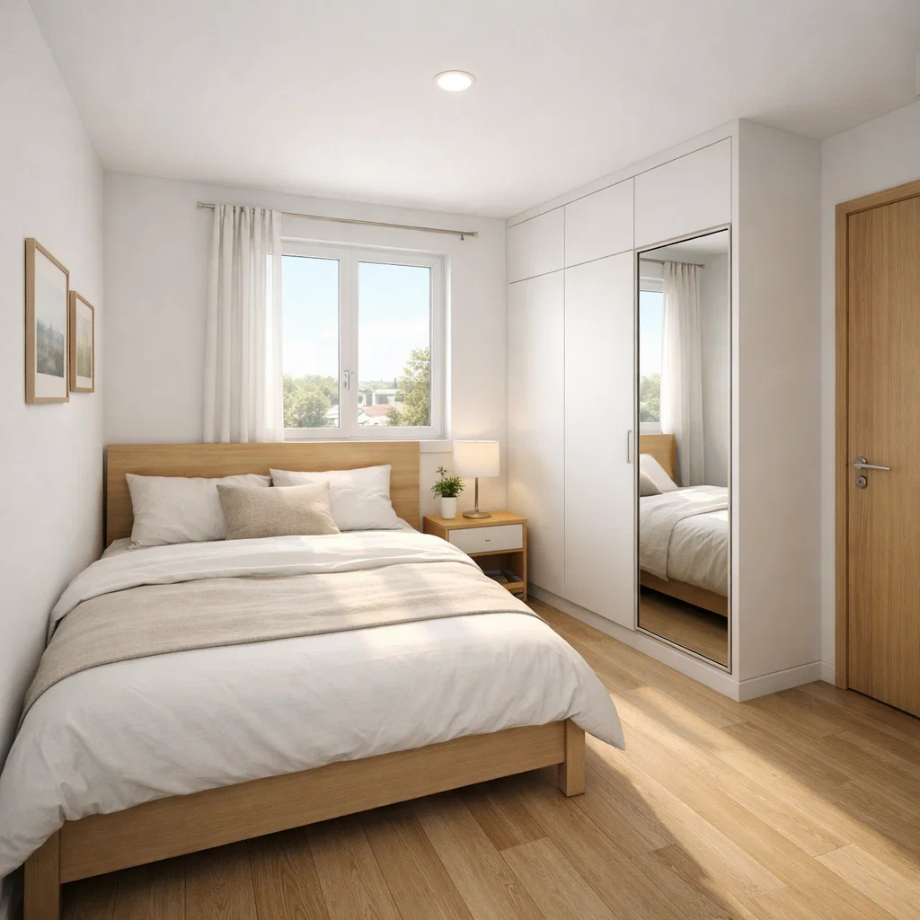 desain kamar tidur 3x3 dengan lemari scandinavian yang terang dan rapi