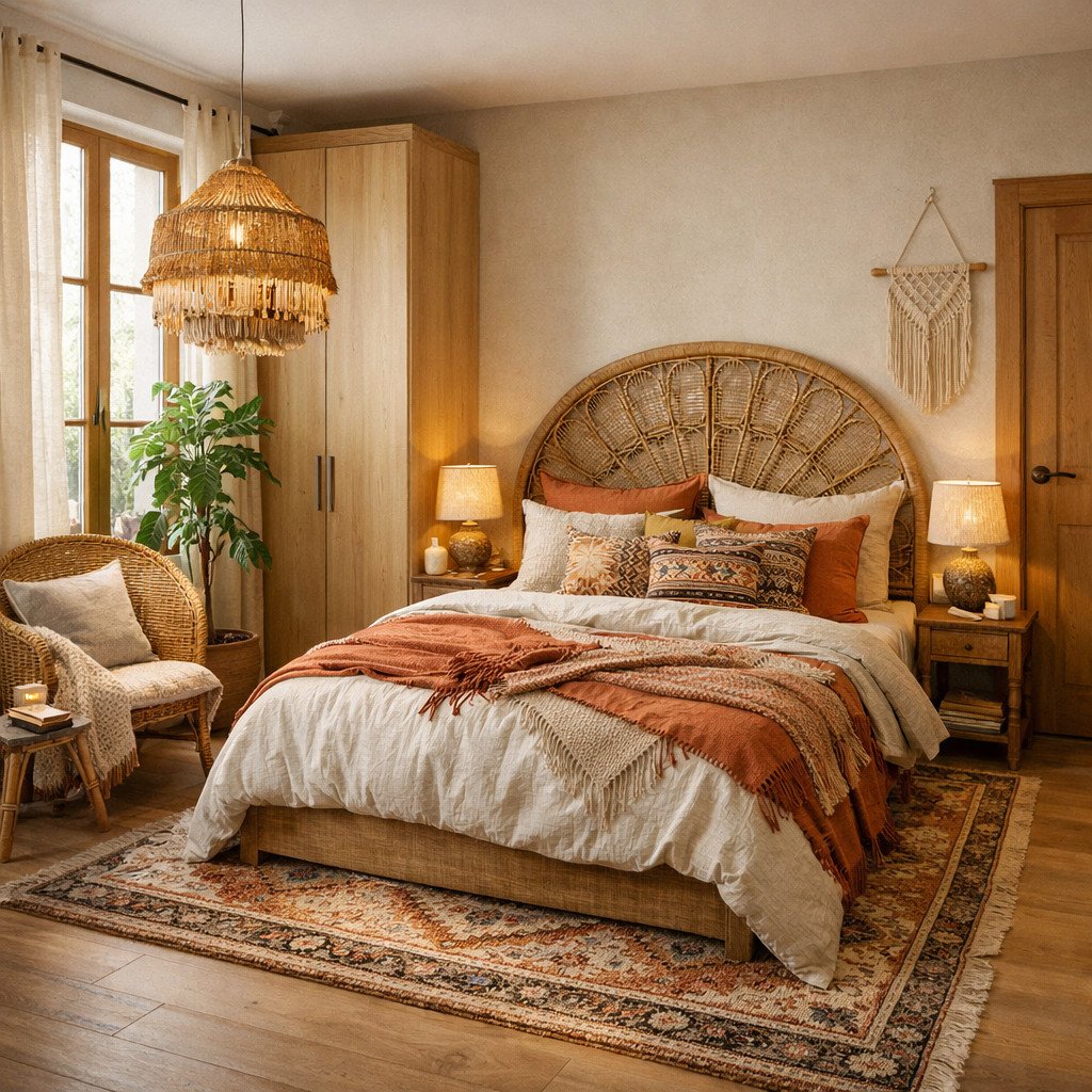desain kamar tidur aesthetic bohemian yang hangat dan penuh karakter