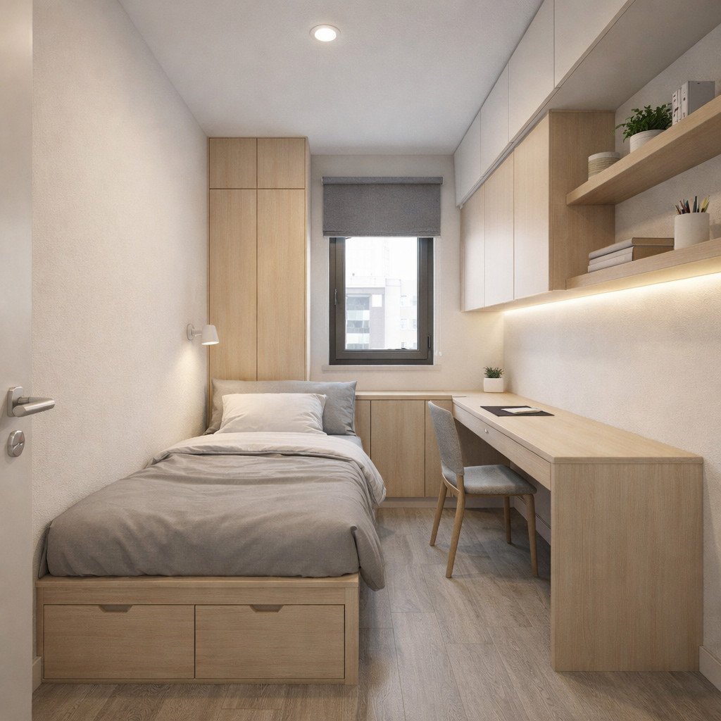 desain kamar tidur minimalis 2x3 dengan storage vertikal maksimal