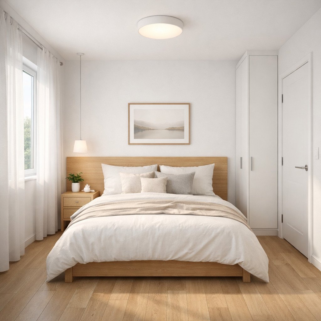 desain kamar tidur minimalis modern Scandinavian yang cerah dan ringan.