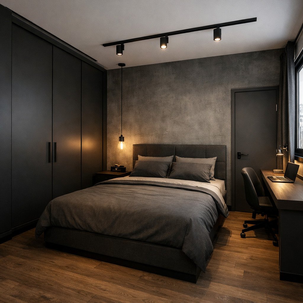 desain kamar tidur minimalis modern industrial yang tegas dan maskulin