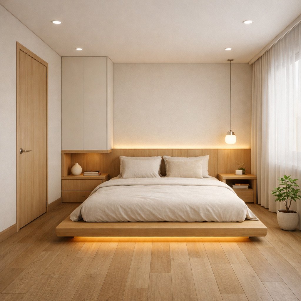 desain kamar tidur minimalis modern japandi yang tenang dan natural