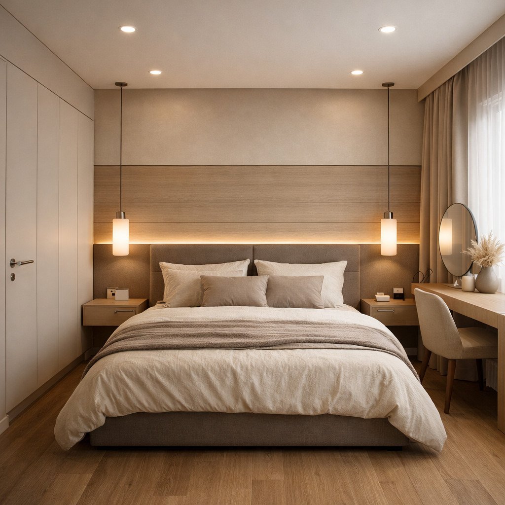 desain kamar tidur minimalis modern nuansa soft neutral yang hangat dan tenang