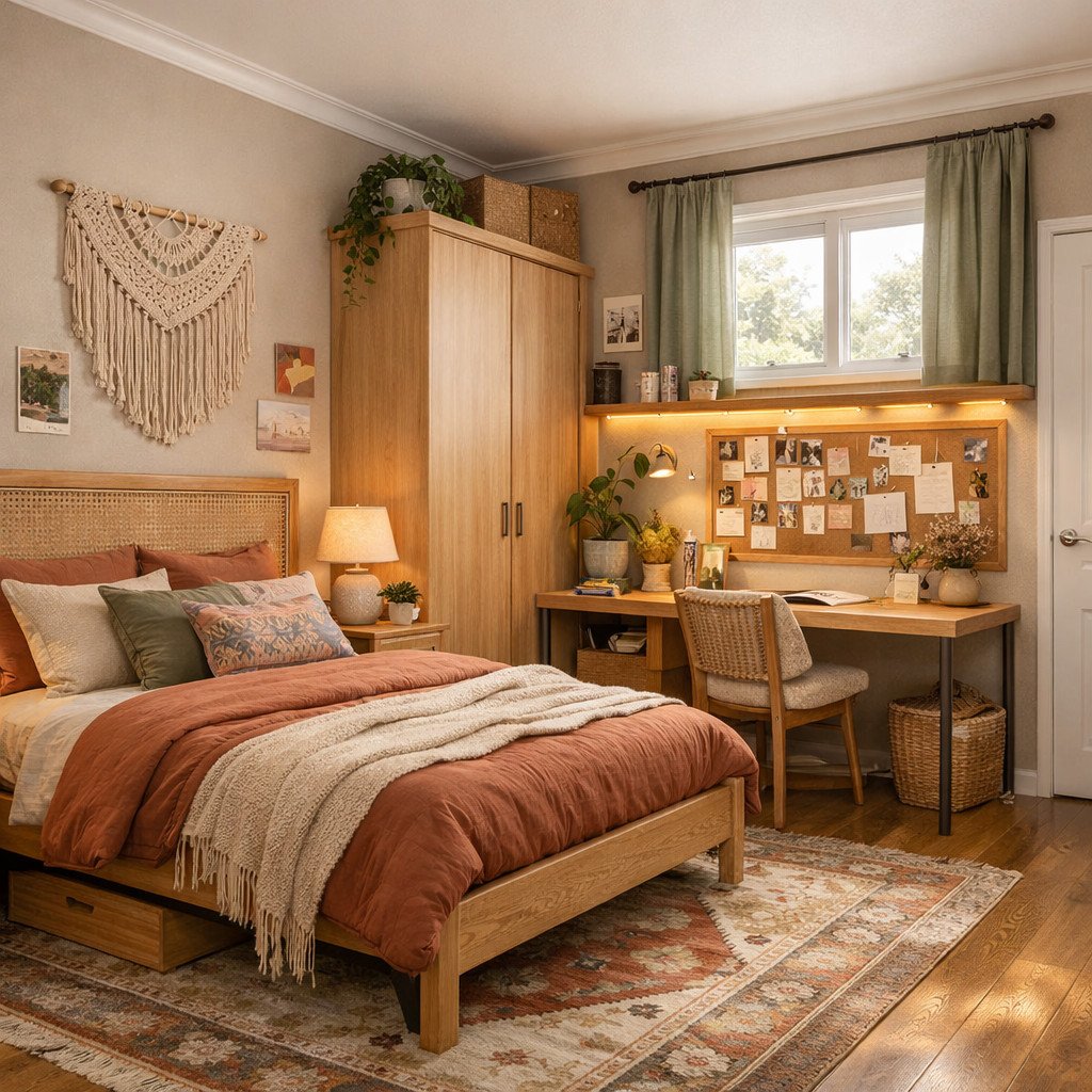 desain kamar tidur remaja simple bohemian yang kreatif dan rapi