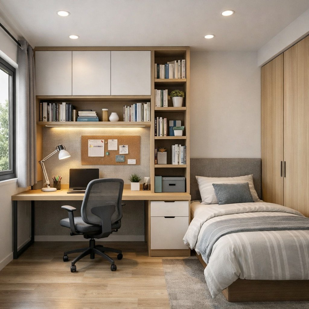 desain kamar tidur remaja simple dengan fokus belajar dan ruang rapi