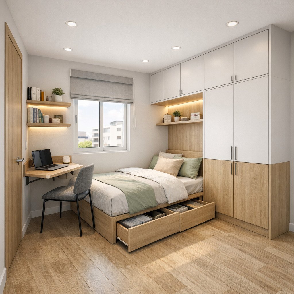 desain kamar tidur remaja simple dengan storage pintar dan tetap rapi