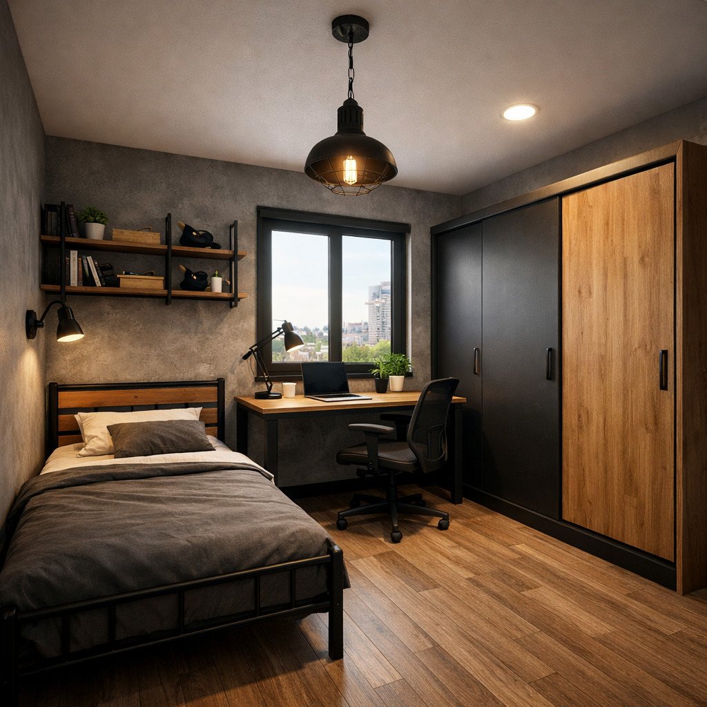 desain kamar tidur remaja simple industrial yang tegas dan modern
