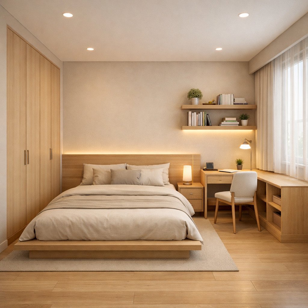 desain kamar tidur remaja simple japandi yang tenang dan fokus belajar