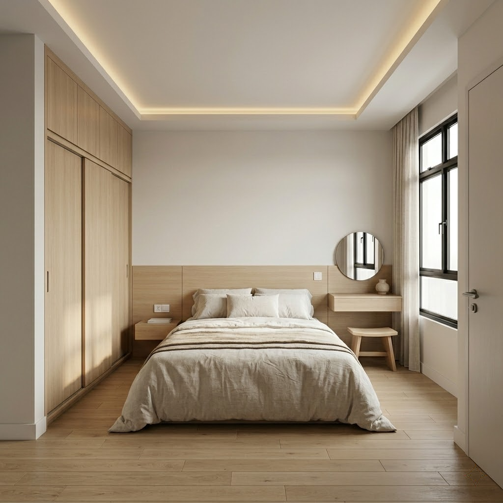 Kamar tidur 3x4 Japandi yang hangat dan tertata rapi