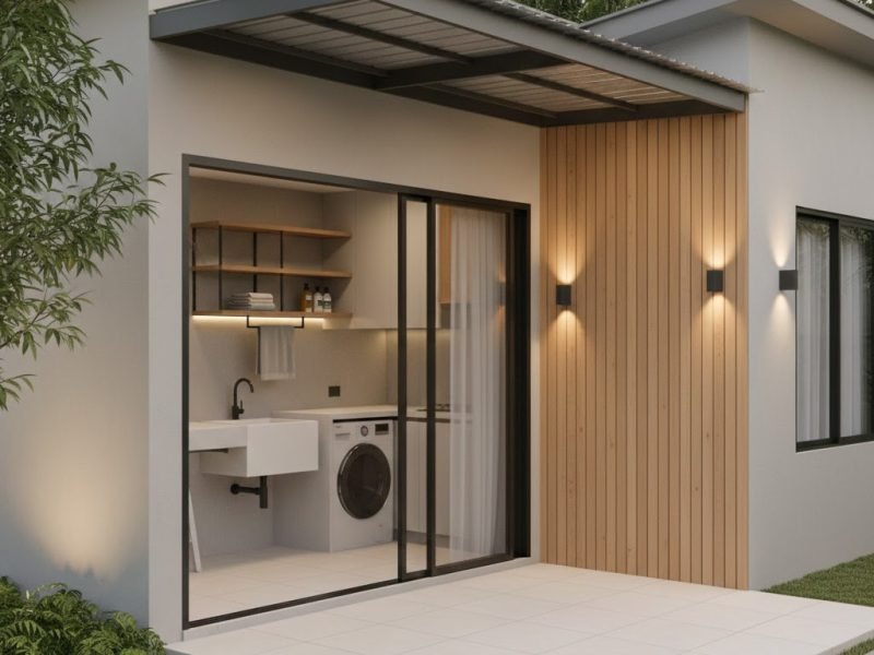 Area belakang rumah dengan konsep dapur dan laundry terintegrasi yang terlihat rapi, modern, dan fungsional dalam komposisi arsitektur yang seimbang