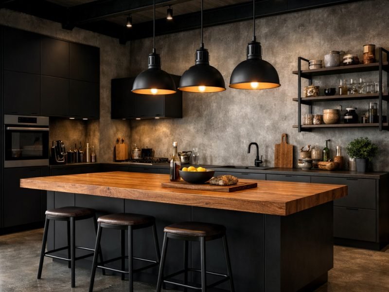 Dapur industrial modern dengan kabinet matte hitam, backsplash beton, rak besi terbuka, dan countertop kayu tebal yang menciptakan suasana dapur berkarakter kuat namun tetap elegan