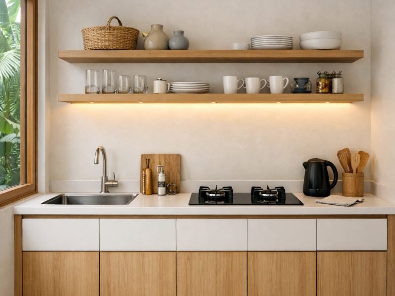 Dapur kecil minimalis dengan layout linear yang rapi menggunakan kabinet kayu terang dan pencahayaan hangat sehingga ruang sempit terasa lebih lega dan nyaman digunakan