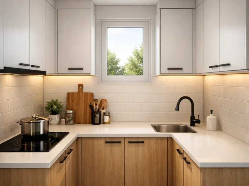 Dapur leter U ukuran 2x2 dengan kabinet rapi dan pencahayaan hangat yang membuat ruang kecil terasa terang dan proporsional