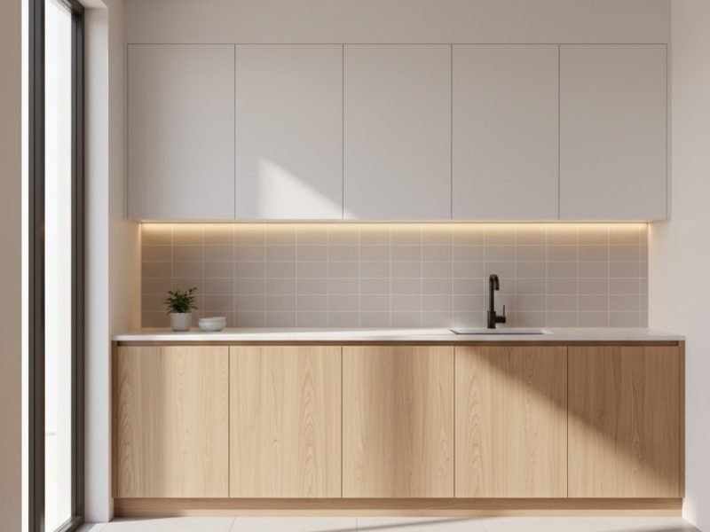 Dapur minimalis dengan dinding putih hangat dan kombinasi kabinet kayu natural yang menciptakan suasana bersih dan nyaman untuk aktivitas harian