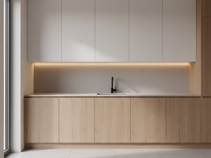 Dapur minimalis dengan kombinasi putih hangat dan aksen kayu natural yang menciptakan suasana bersih, nyaman, dan modern dalam ruang yang ringkas