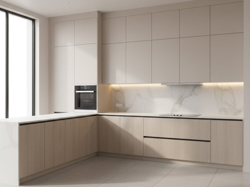Dapur minimalis modern dengan kabinet built-in warna beige dan kayu terang yang terlihat bersih, rapi, dan elegan dalam pencahayaan hangat natural