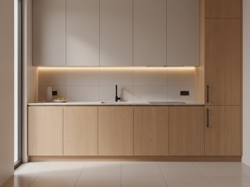 Dapur minimalis modern dengan kabinet rapi dan pencahayaan hangat yang menciptakan suasana bersih serta elegan dalam ruang kompak