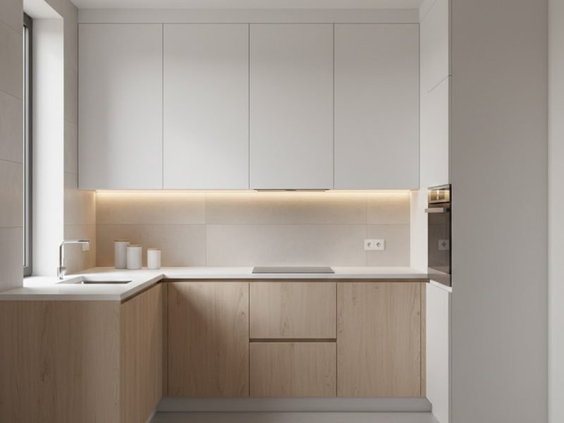 Dapur minimalis modern dengan kombinasi putih dan kayu terang yang terlihat rapi, bersih, dan fungsional untuk rumah masa kini