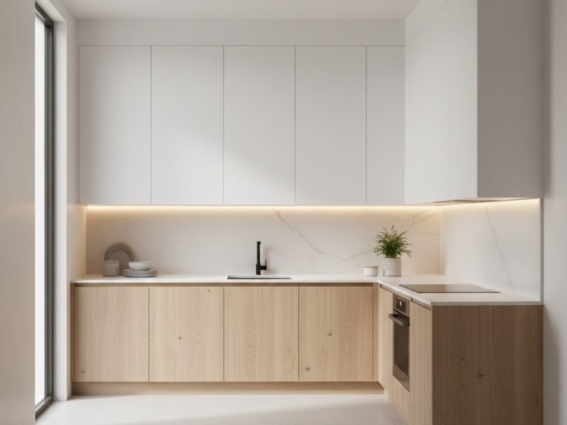 Dapur minimalis modern dengan kombinasi putih matte dan aksen kayu terang yang terlihat rapi, hangat, dan fungsional untuk ruang kecil hingga menengah