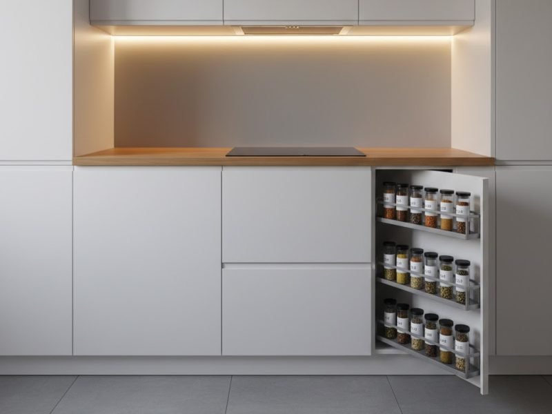 Dapur minimalis modern dengan sistem penyimpanan bumbu terintegrasi yang rapi dan efisien dalam tata letak compact beraksen kayu hangat