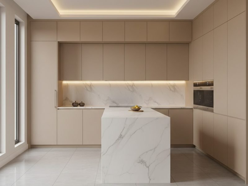 Dapur minimalis modern mewah dengan island marmer elegan dan kabinet seamless yang rapi serta pencahayaan hangat yang memperkuat kesan eksklusif