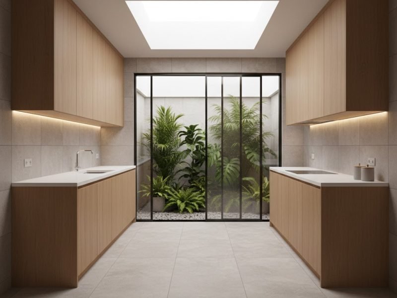 Dapur minimalis modern yang terhubung langsung dengan taman kecil berkonsep natural sehingga ruang memasak terasa lebih segar dan terang alami