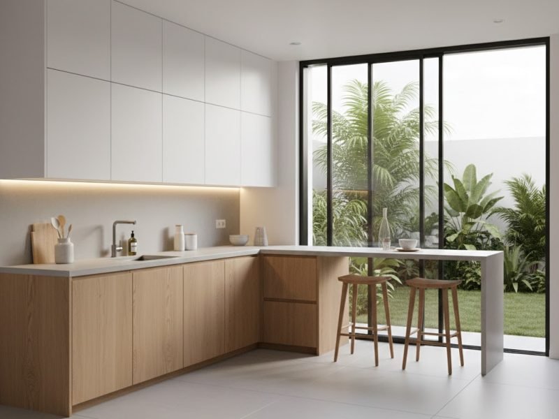 Dapur minimalis terbuka yang menyatu dengan taman kecil menghadirkan suasana terang, segar, dan terasa lebih luas secara visual