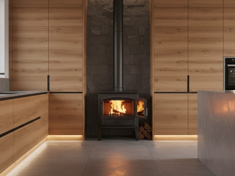 Dapur modern dengan tungku kayu bakar terintegrasi rapi dalam kabinet minimalis dan aksen batu alam yang hangat serta elegan