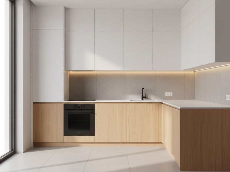 Dapur modern minimalis dengan garis kabinet bersih dan kombinasi putih serta kayu terang yang memberikan kesan rapi, terang, dan fungsional untuk aktivitas sehari-hari