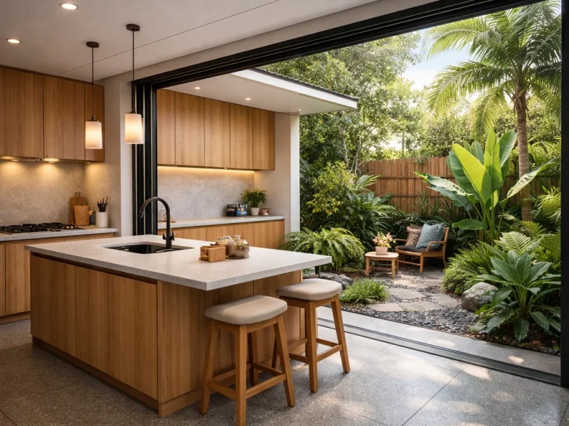 Dapur modern terbuka yang menyatu dengan taman kecil hijau menciptakan suasana segar dan terang dengan komposisi material natural yang harmonis
