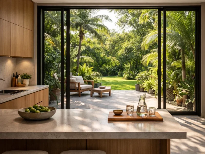 Dapur modern yang terhubung langsung dengan taman belakang hijau melalui bukaan kaca besar dengan suasana hangat dan natural