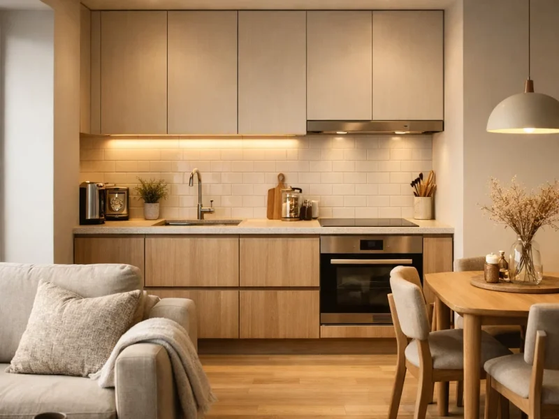 Dapur mungil terbuka yang menyatu dengan ruang keluarga dengan komposisi modern dan proporsional yang terasa hangat serta lapang