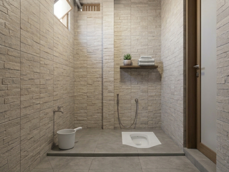 Desain kamar mandi WC jongkok sederhana dengan keramik netral dan tata ruang yang efisien serta mudah dibersihkan