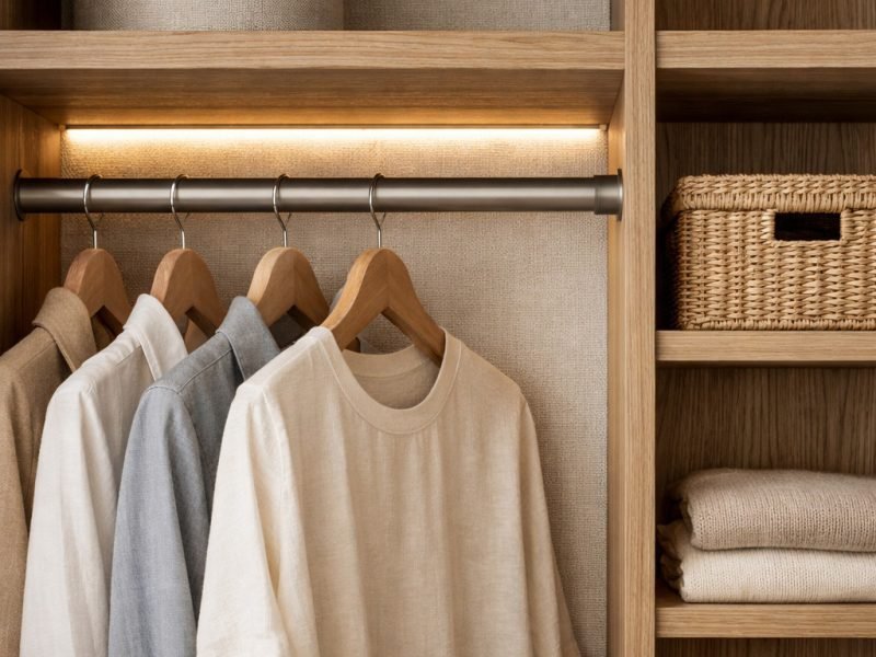 Desain lemari pakaian gantung minimalis dengan aksen kayu dan rotan, memberikan tampilan modern dan natural