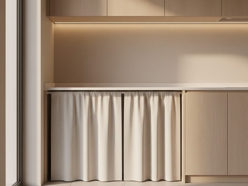 Detail dapur minimalis dengan kolong meja tertutup gorden kain bertekstur lembut yang menyatu dengan kabinet atas bernuansa kayu terang dan countertop putih bersih