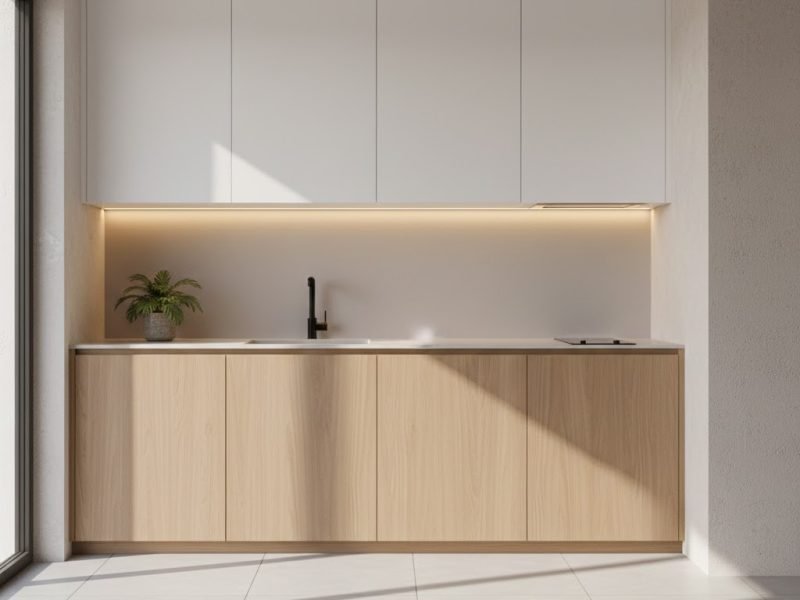 Detail dinding dapur minimalis dengan backsplash modern yang rapi dan pencahayaan hangat sehingga terlihat bersih dan elegan