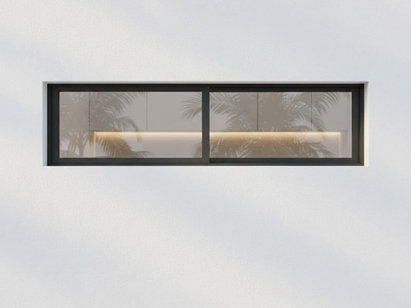 Detail jendela dapur kecil model horizontal dengan frame hitam tipis yang memberi pencahayaan alami maksimal pada dapur minimalis modern