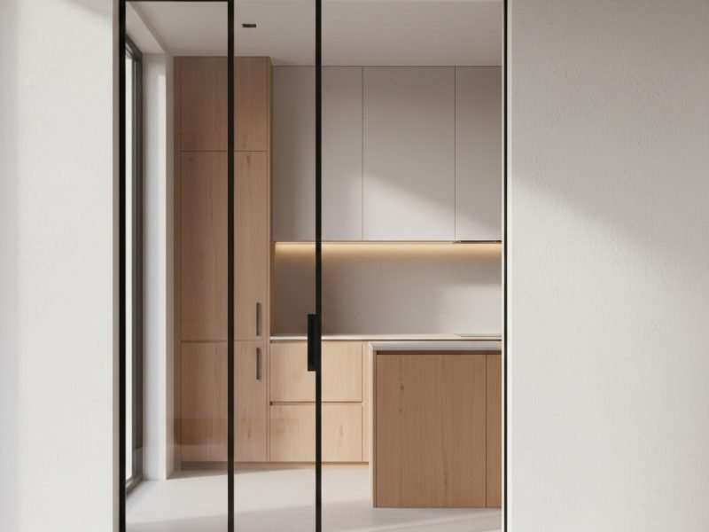 Detail pintu dapur minimalis kaca geser dengan frame tipis hitam yang menyatu elegan dengan dapur modern berwarna terang