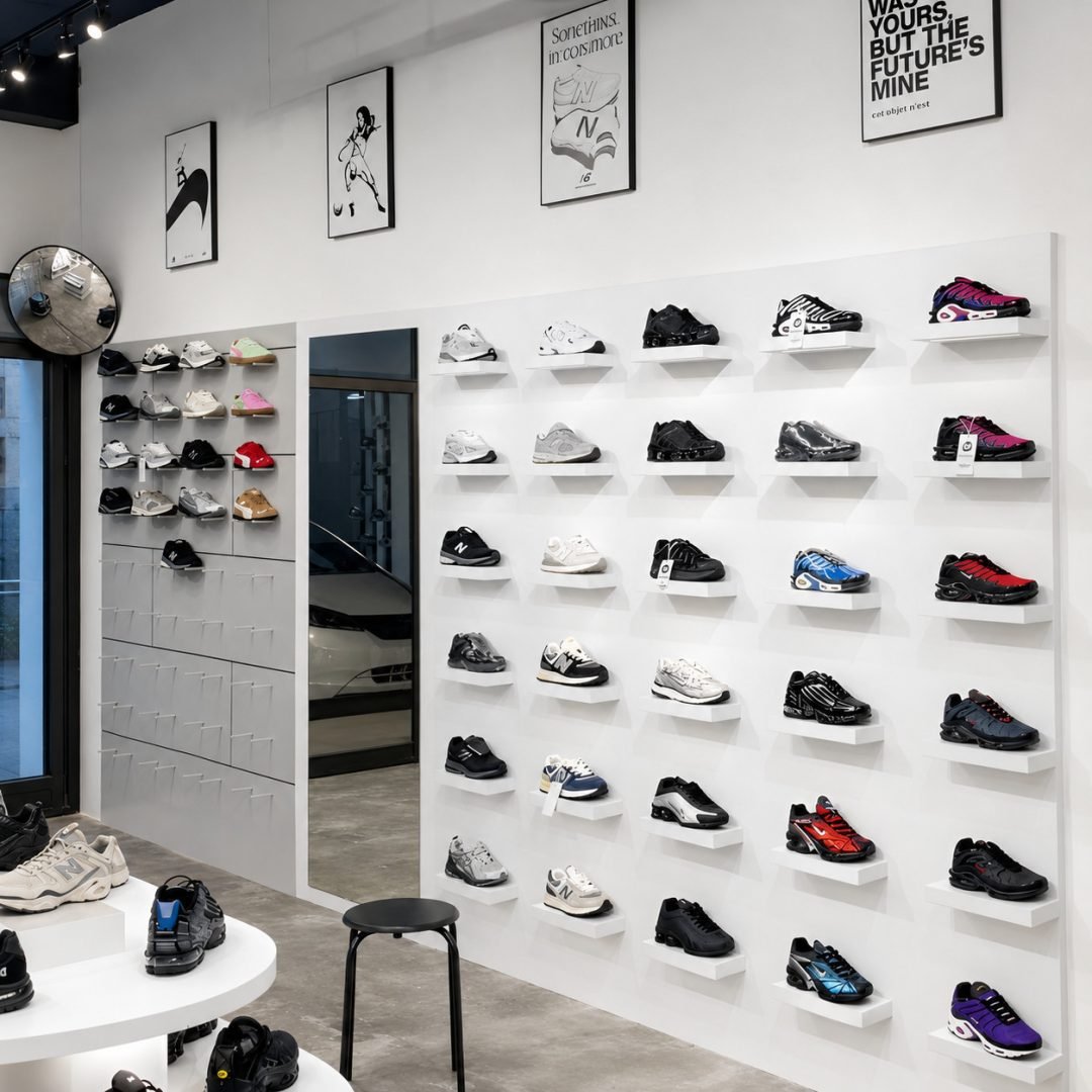 Display Sepatu Modern Minimalis HPL Putih