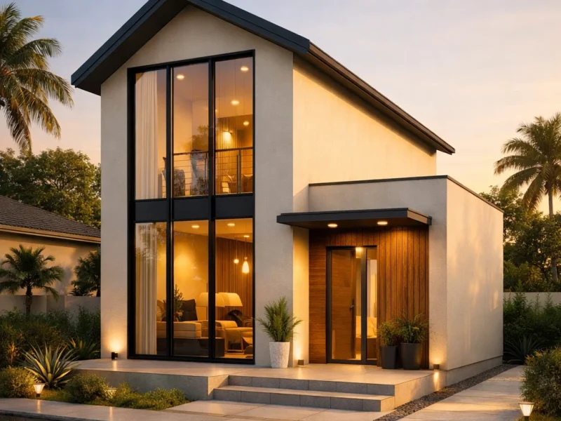 Fasad rumah 6x10 dengan konsep mezzanine yang menonjolkan tinggi ruang dan bukaan vertikal elegan dari sudut pandang estetik```