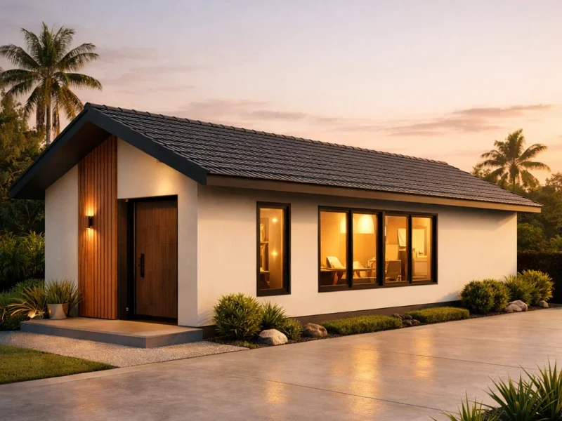 Fasad rumah 6x9 memanjang dengan komposisi horizontal yang proporsional, aksen kayu hangat, dan pencahayaan senja yang membuat tampilannya terlihat elegan dan terencana dengan baik