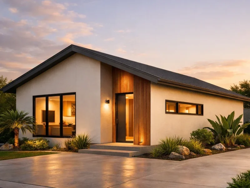 Fasad rumah minimalis modern dengan komposisi bersih, atap miring rapi, dan pencahayaan hangat yang menampilkan karakter simpel namun elegan