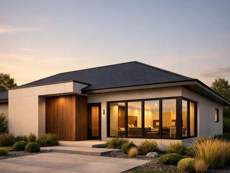 Fasad rumah minimalis modern dengan komposisi proporsional, warna netral lembut, dan pencahayaan hangat yang memberi kesan bersih serta elegan.