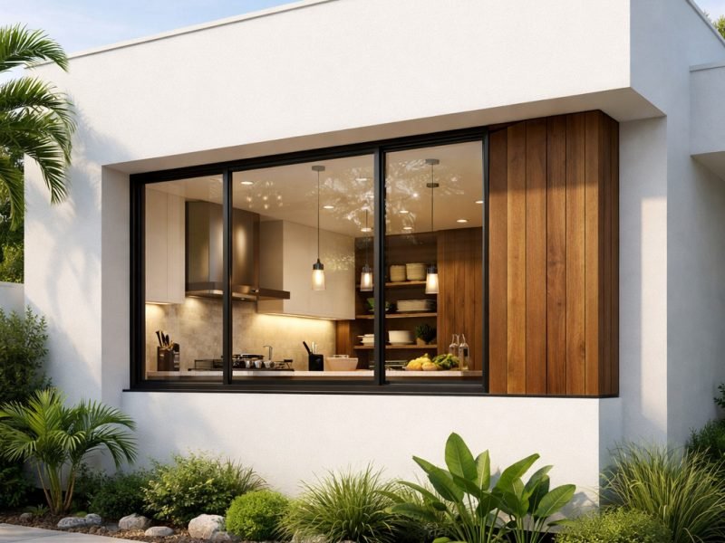 Fasad rumah modern dengan jendela dapur besar yang memberi gambaran hunian dengan dapur rapi dan terencana menggunakan kitchen set aluminium